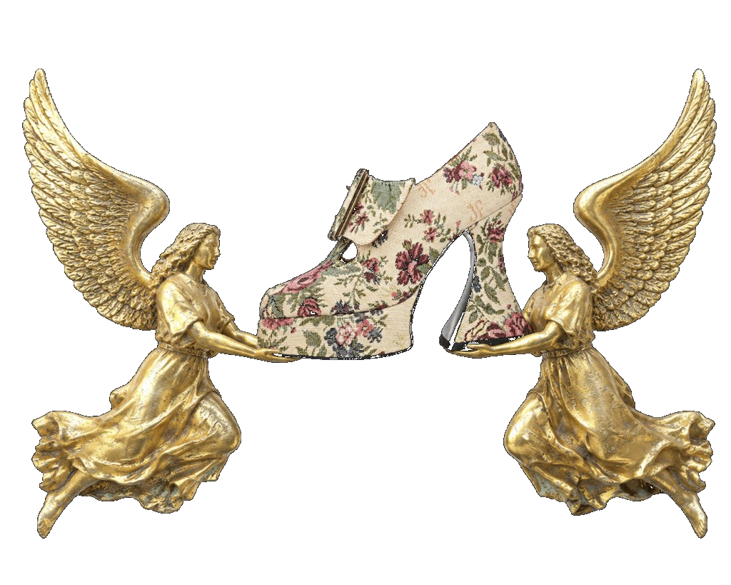 Golden angel figures carrying a Fluevog shoe on clouds