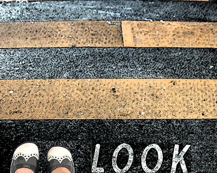 look (at those shoes) before crossing