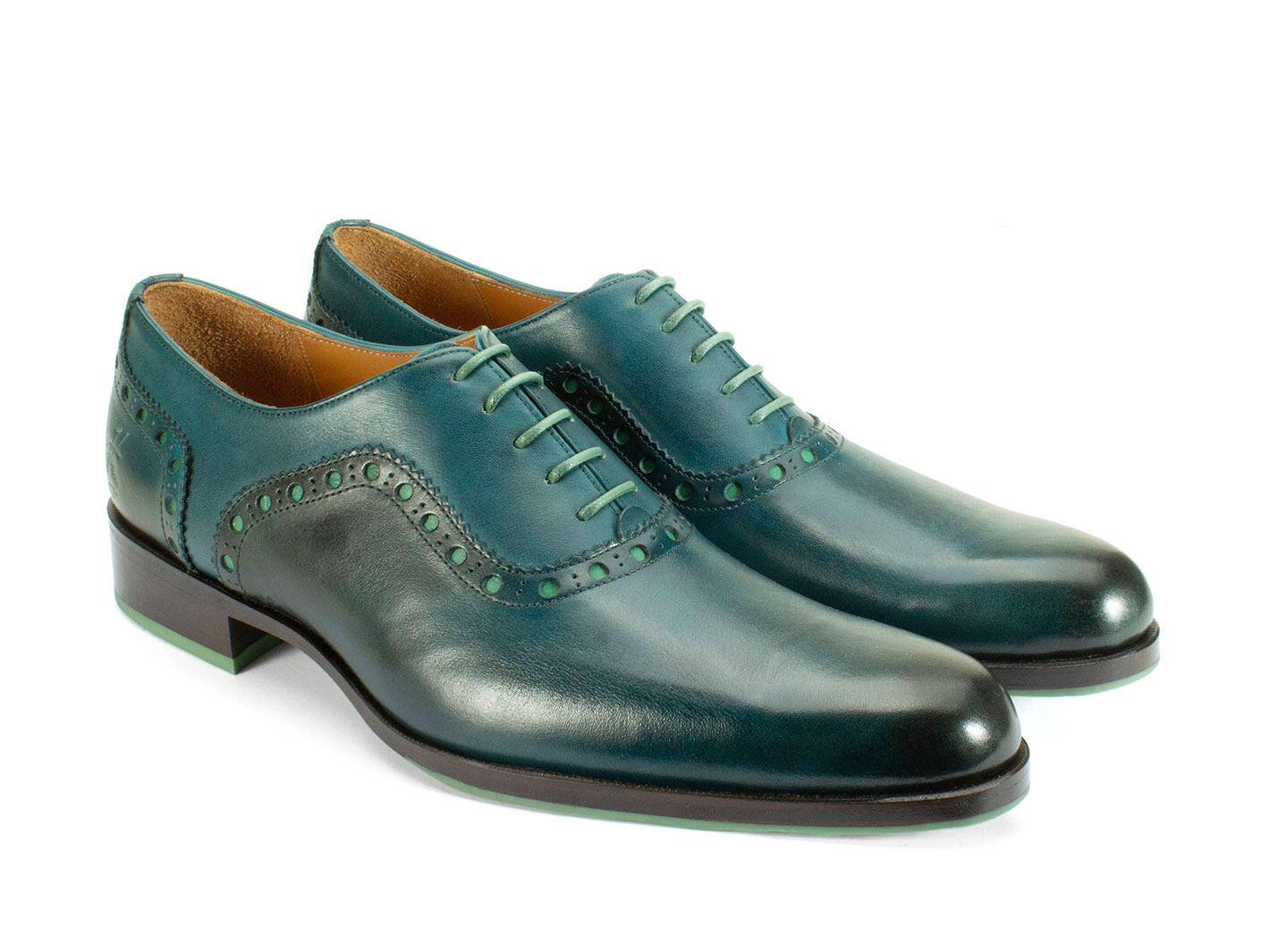 837 Granville Turquoise Brogue Leather Oxfords: Quarter view