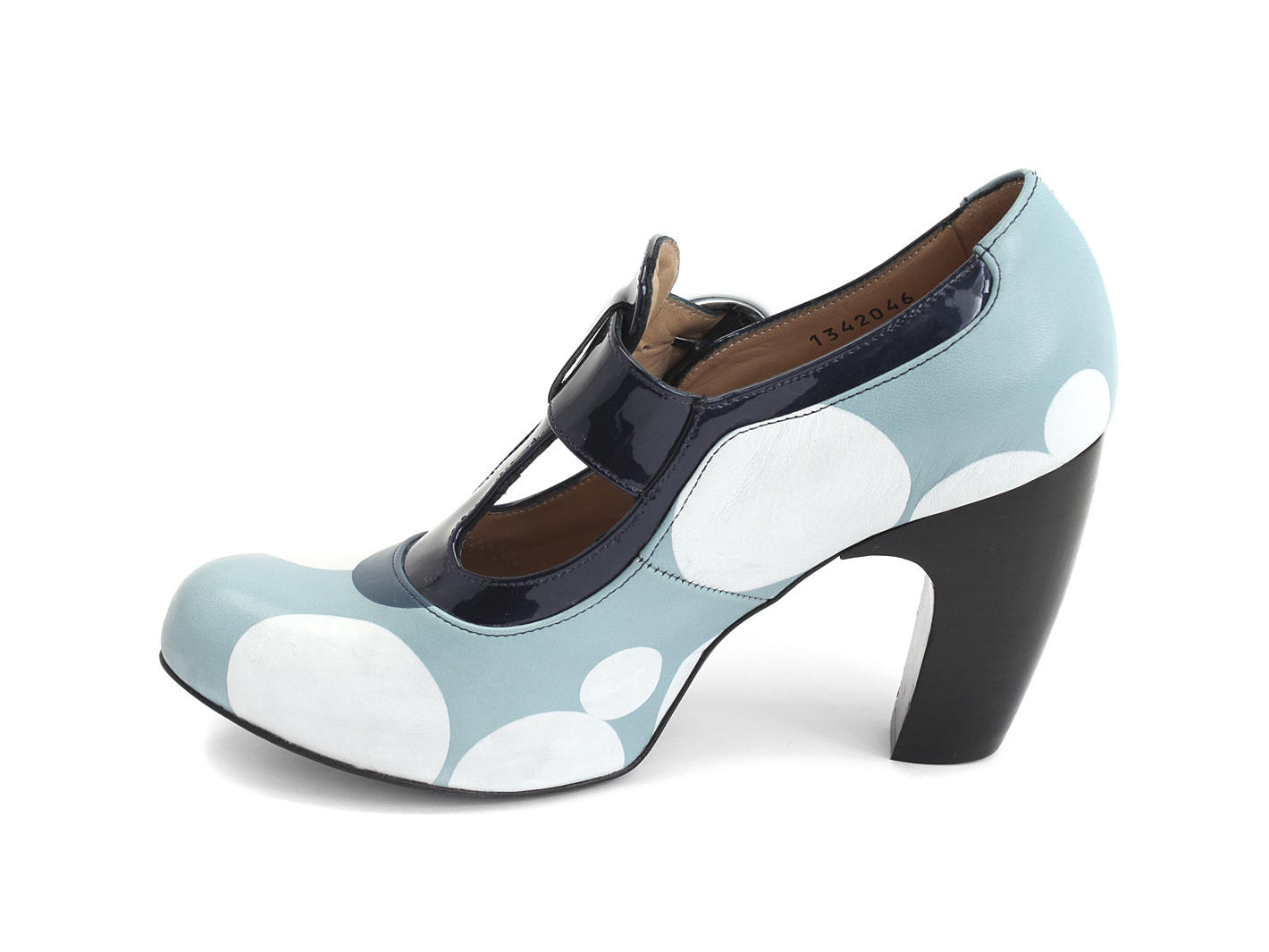 Arbus Blue Dots Leather T-Strap Heel: Profile inside