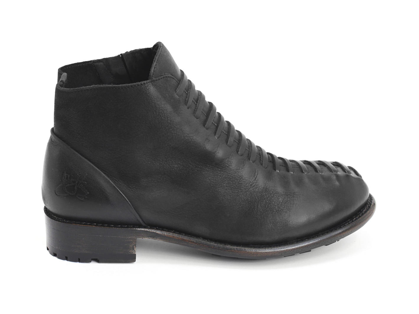 Babette: Women’s Black Ankle boot with faux laces: Profile outside