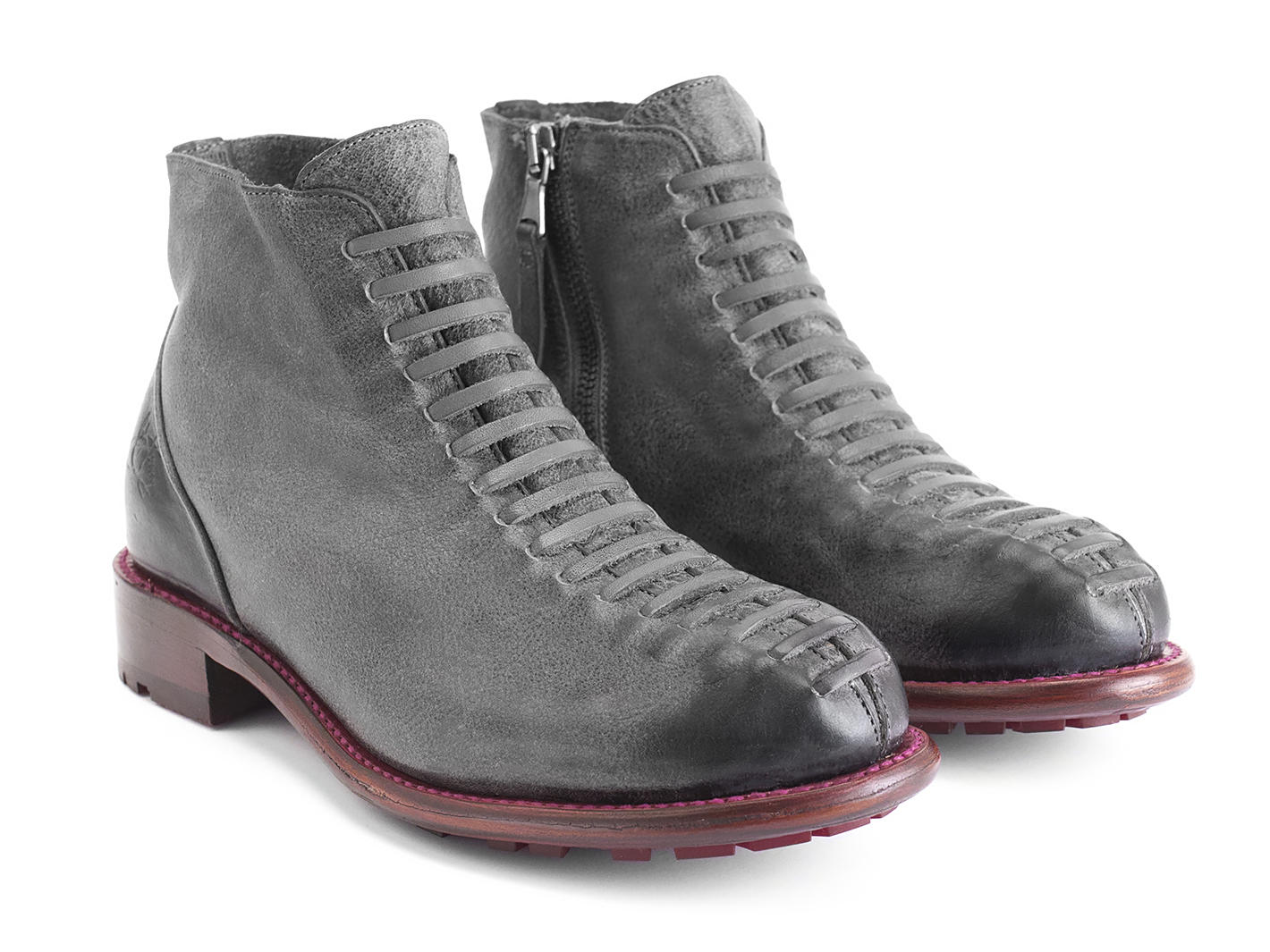 Babette: Women’s Grey/Red Ankle boot with faux laces: Quarter view