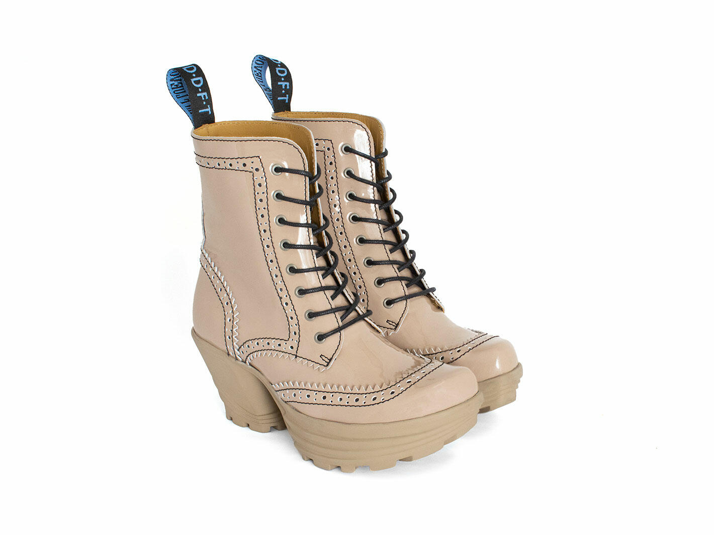 Bebop Beige Patent Mid Heel Brogue Boots: Quarter view