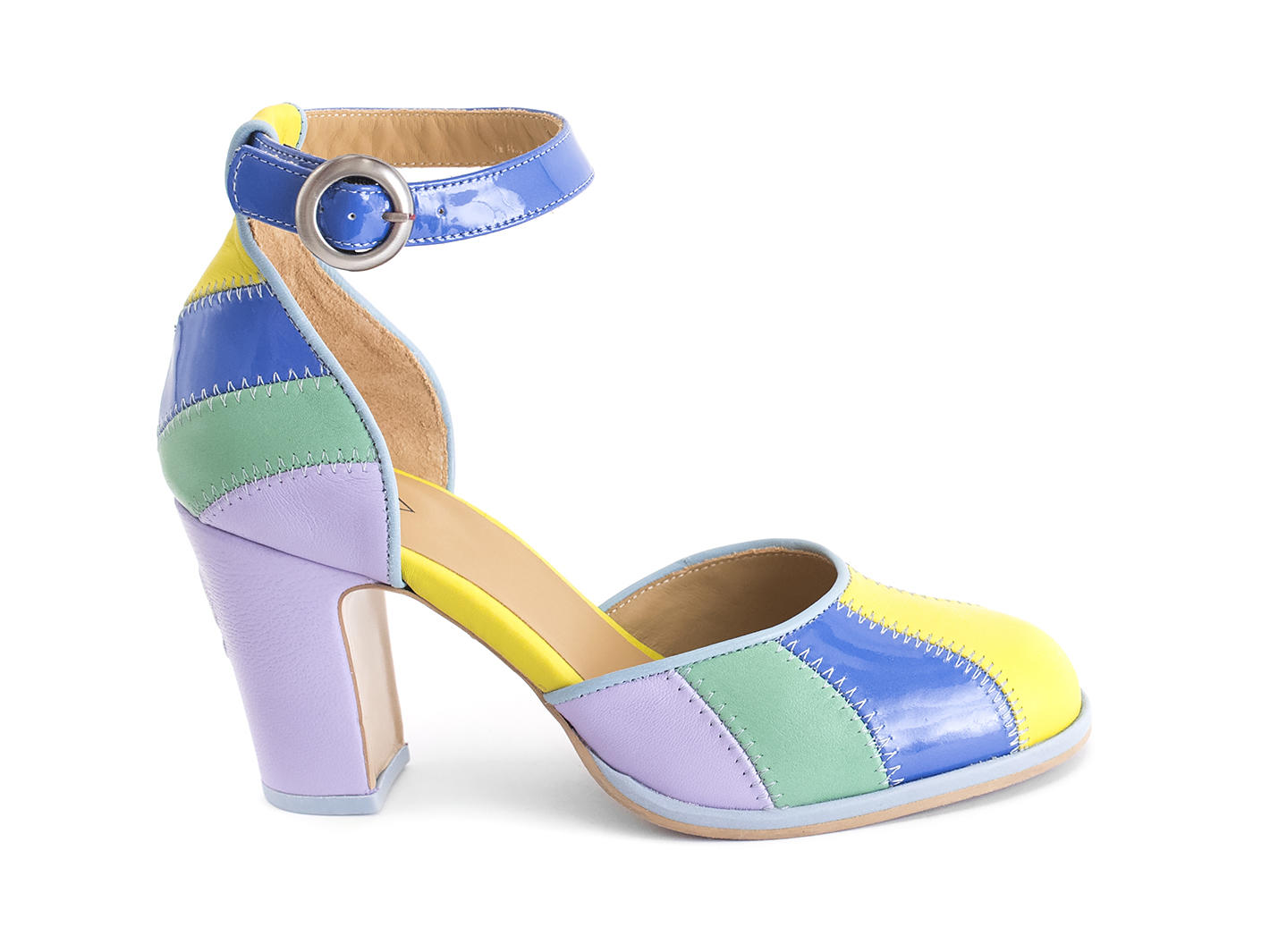 Bianca Blue Contrast ankle strap heel: Profile outside