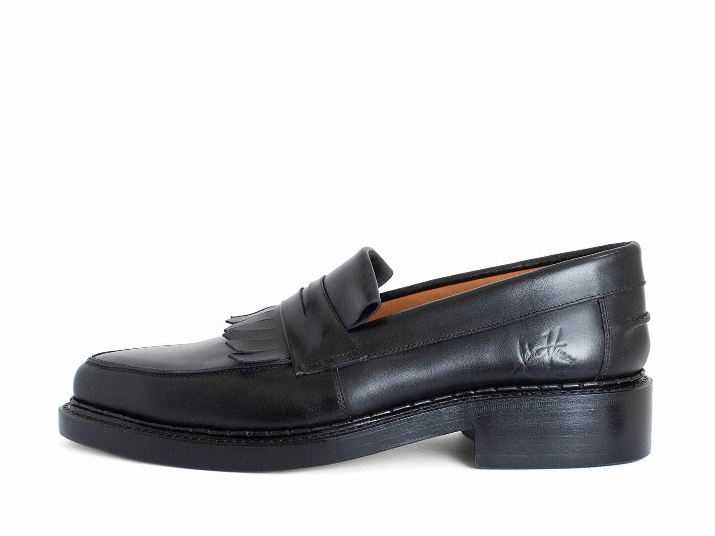 Bicknell Black Penny Loafers with Fringe: Profile outside