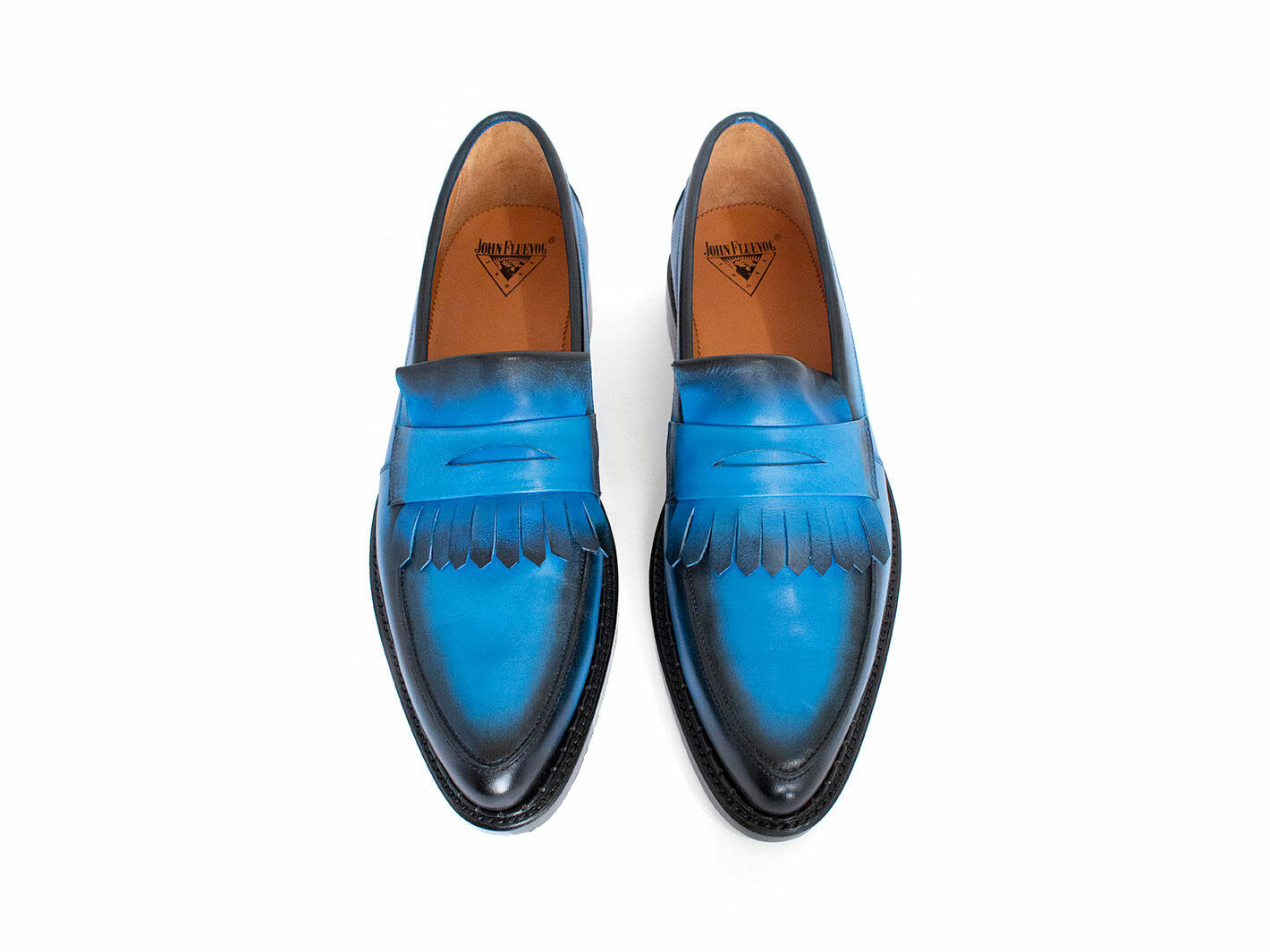 Bicknell Blue Penny Loafers with Fringe: Front