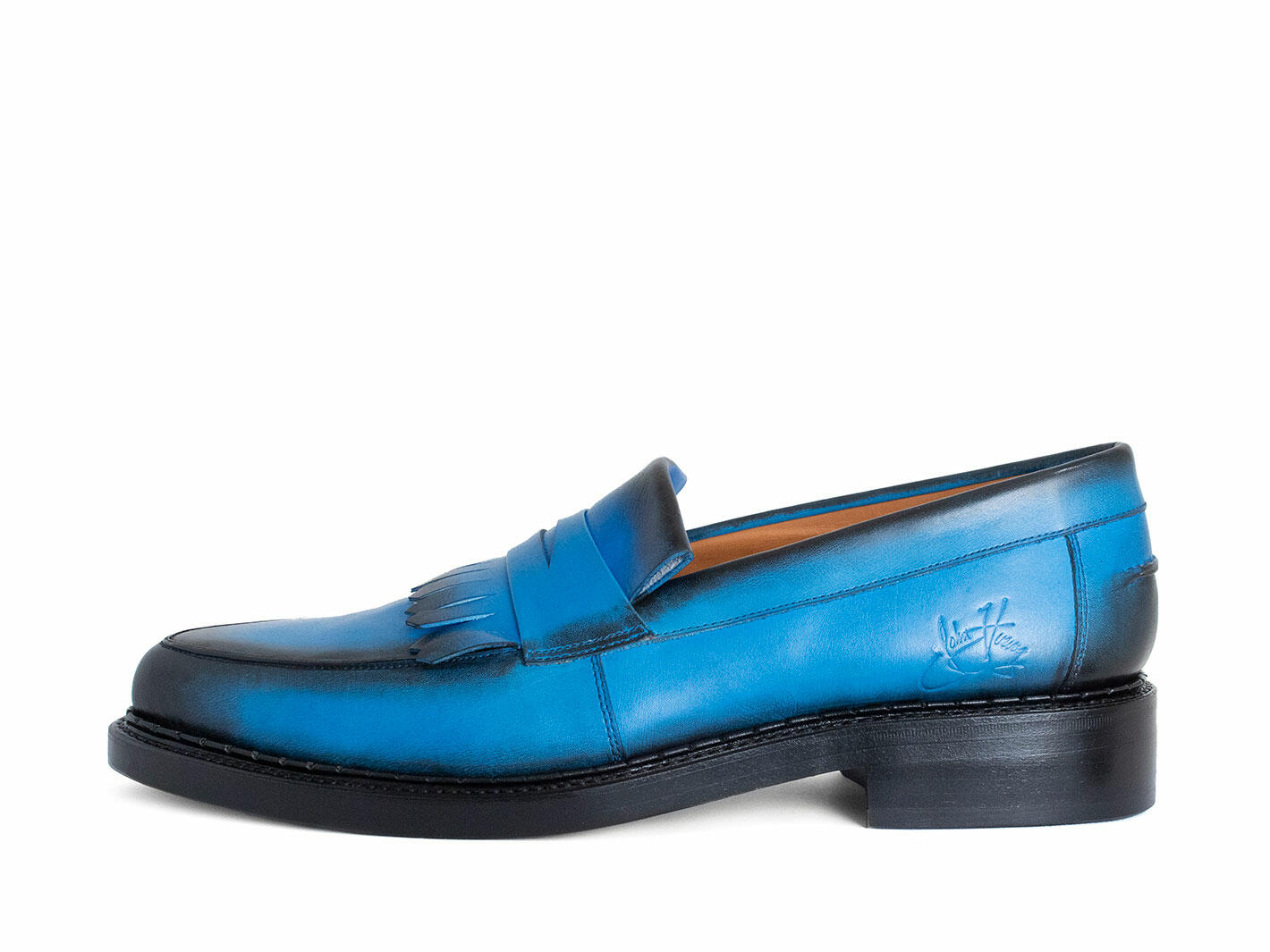 Bicknell Blue Penny Loafers with Fringe: Profile outside