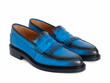 Bicknell Blue Penny Loafers with Fringe: Quarter view