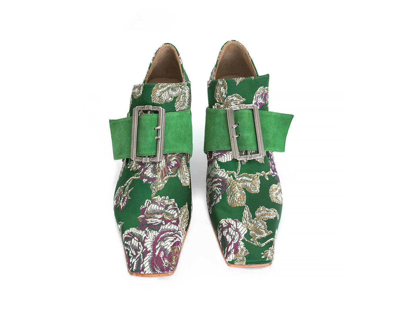 Bishop Green Floral Jacquard Buckled Loafer Heels: Front