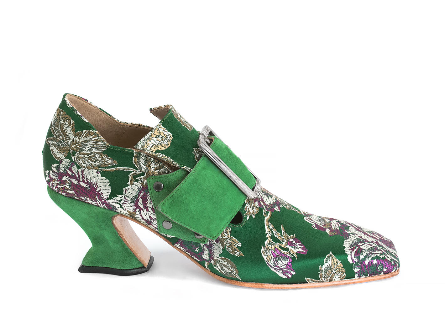 Bishop Green Floral Jacquard Buckled Loafer Heels: Profile outside