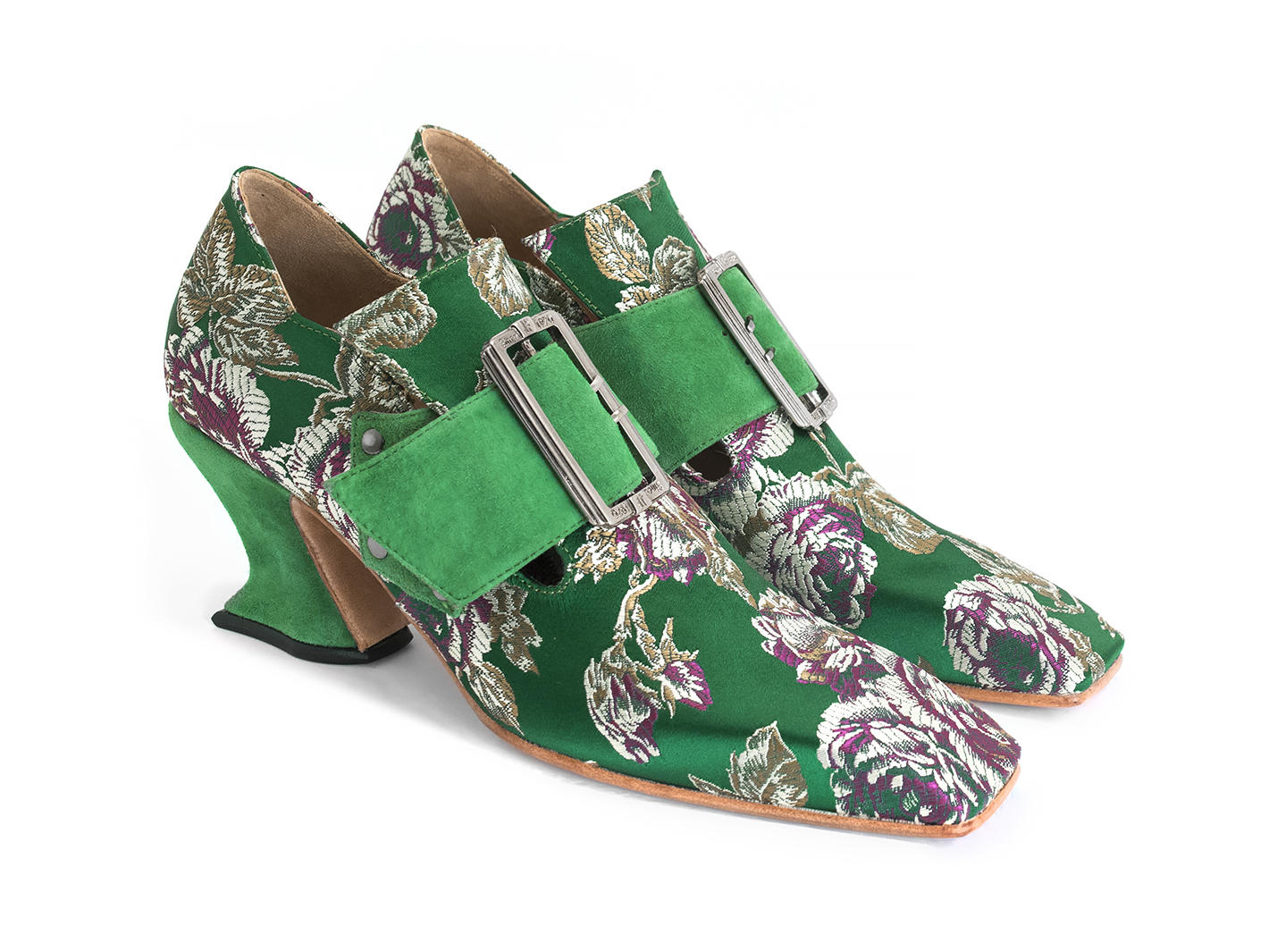 Bishop Green Floral Jacquard Buckled Loafer Heels: Quarter view