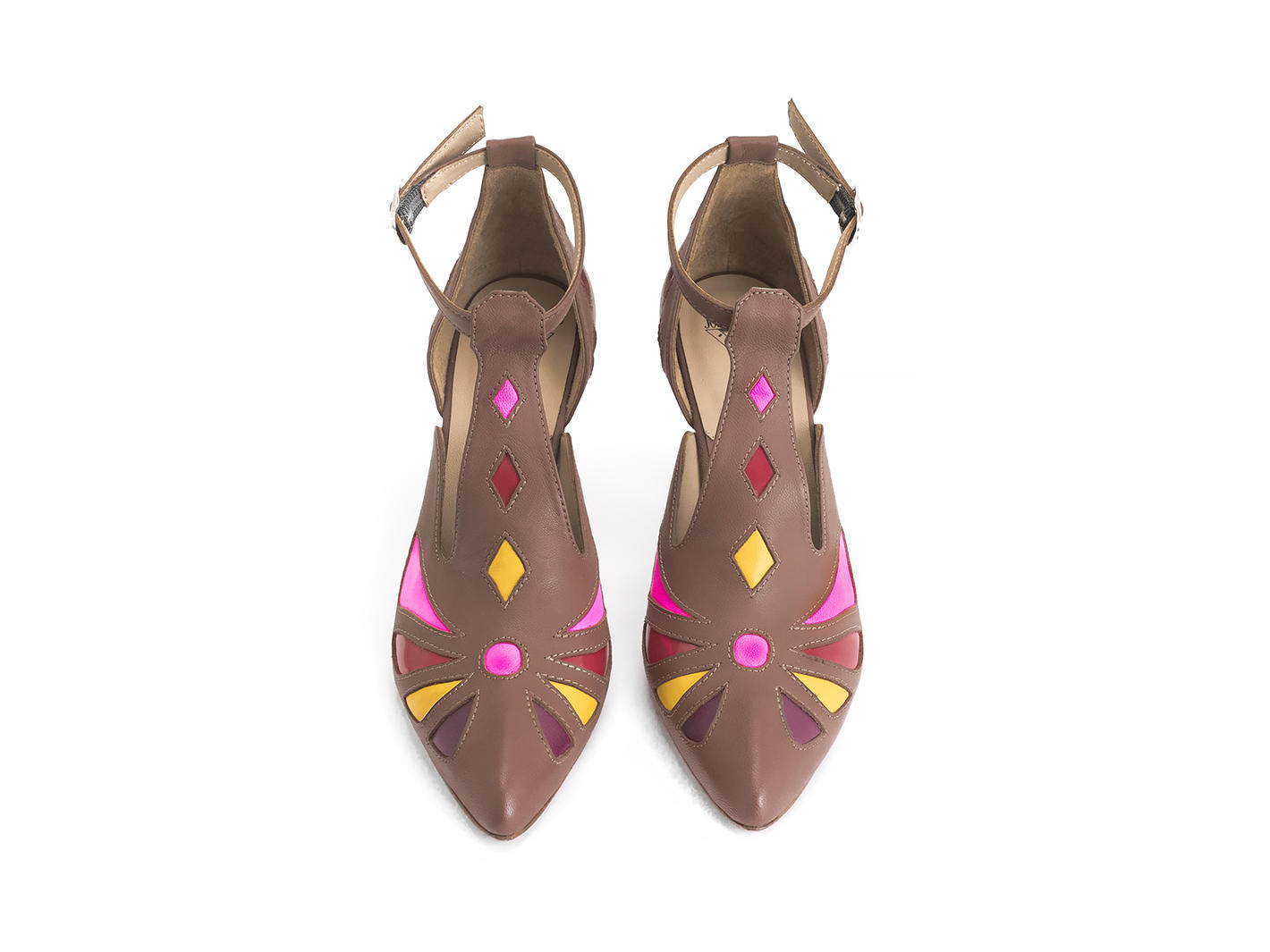 Bop Brown Geometric T-strap heel: Front