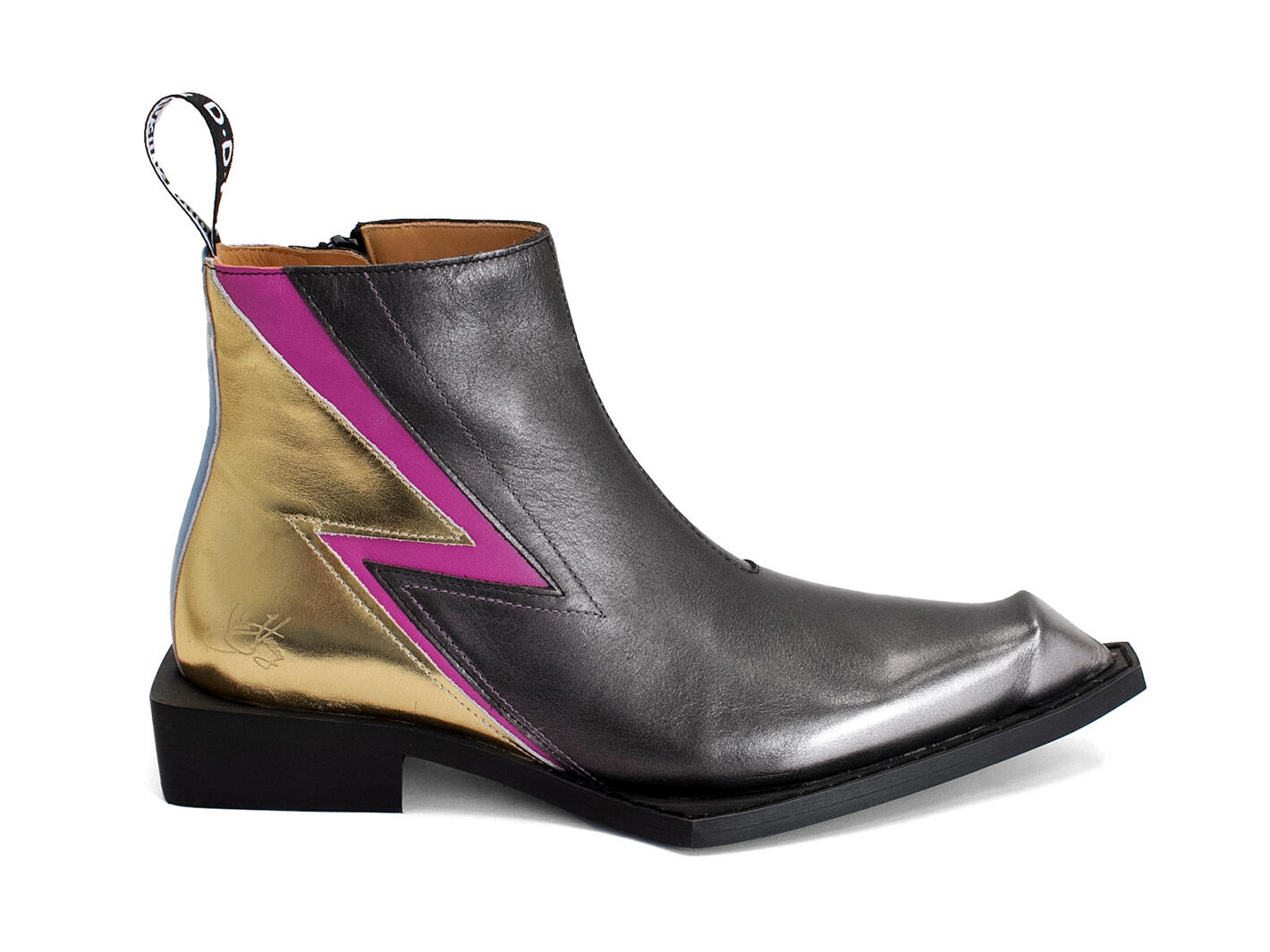 Bowie Black/Gold Swordfish Ankle Boots: Profile outside