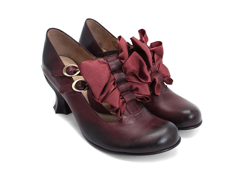 Caravaggio Bourgogne Double T-Strap Heels with Bows