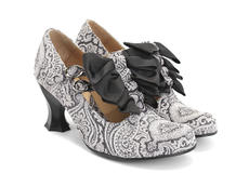 Caravaggio Grey Paisley Double T-Strap Heels with Bows