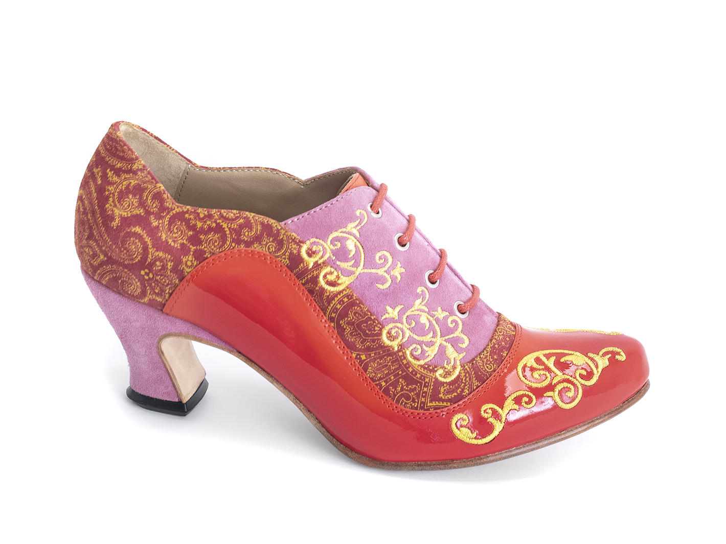 Champey Red Paisley Lace-up heel with embroidery: Profile outside