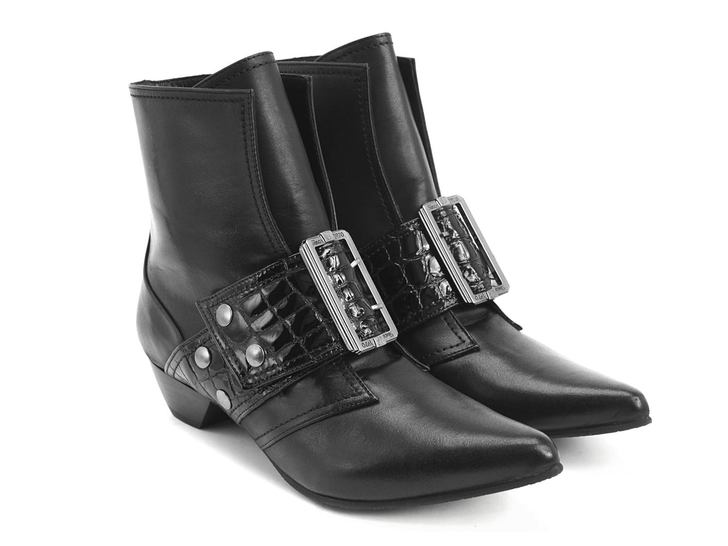 Cheryl Black Buckled boot with crocodile emboss: Quarter view