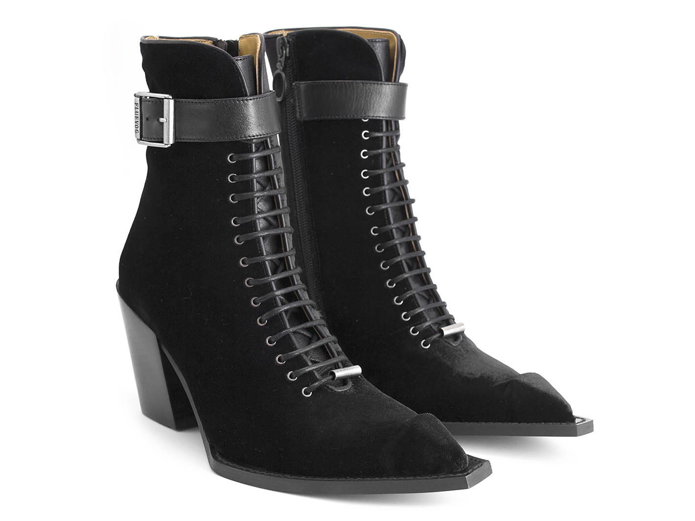 Cubist Cupcake Black Velvet Lace-Up Ankle Boots with a Buckle: Quarter view