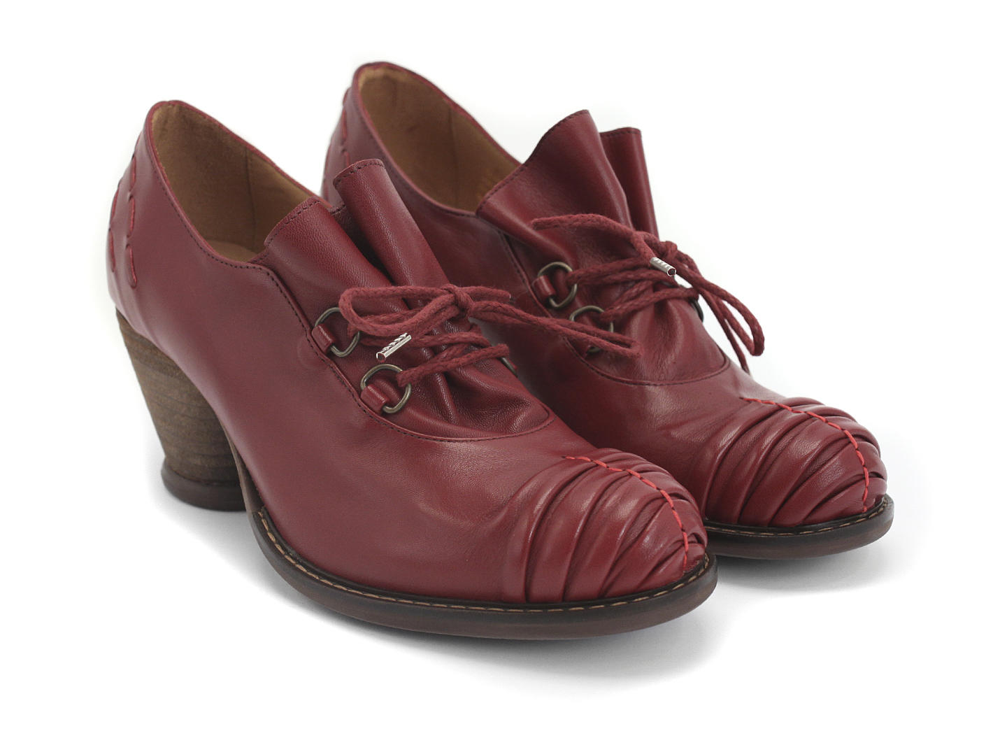 Della Red Lace-Up Ruched Toe Leather Heel