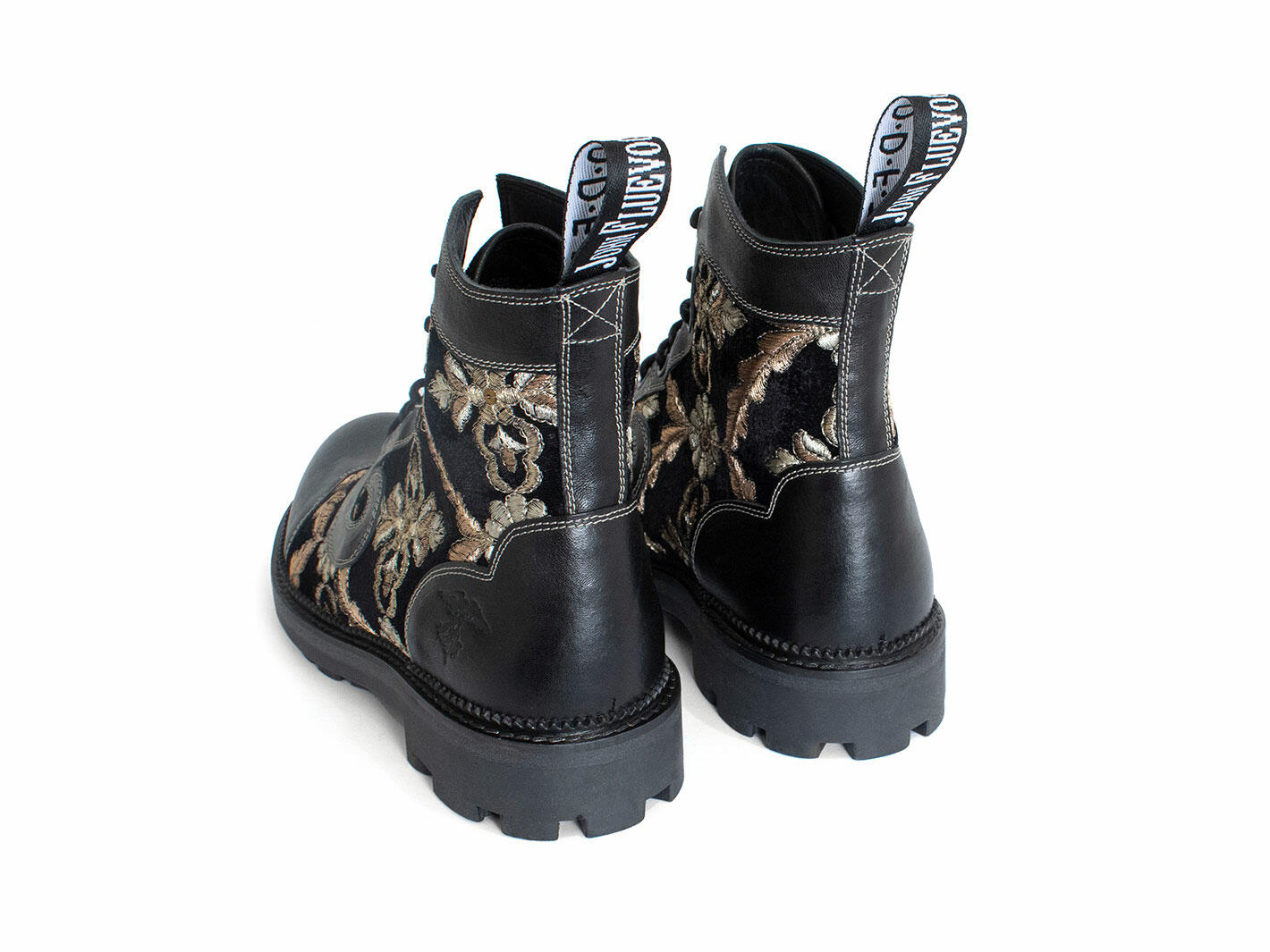 Derby Swirl (6 Eye) Black Jacquard Classic Derby Boots: Back