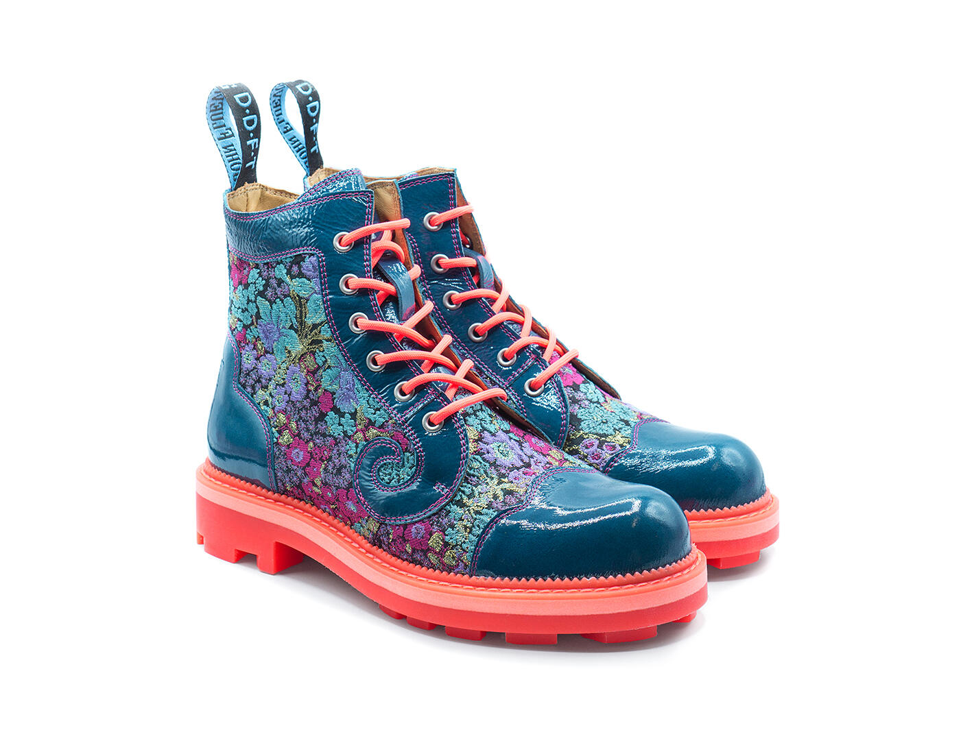 Derby Swirl (6 Eye) Blue Floral Classic Derby Boots: Quarter view