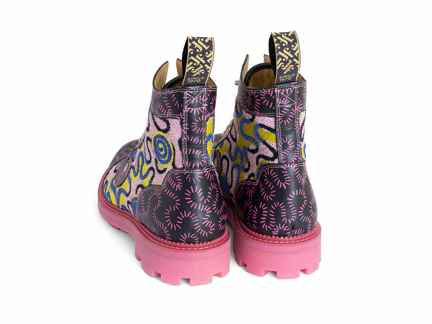 Derby Swirl (6 Eye) Pink/Yellow/Black Classic Derby Boots: Back