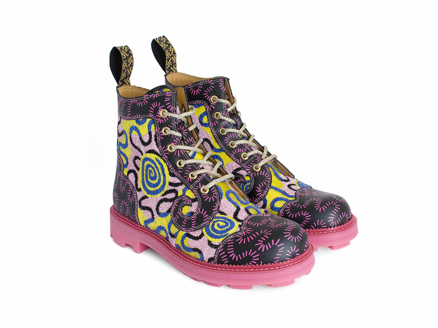 Derby Swirl (6 Eye) Pink/Yellow/Black Classic Derby Boots: Quarter view