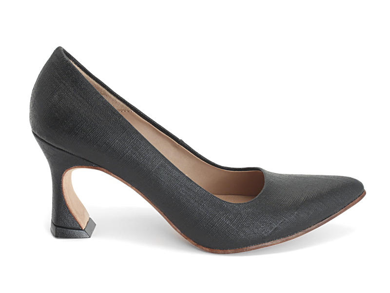 Desmond Black Canvas Angular Mid Heel Pumps: Profile outside