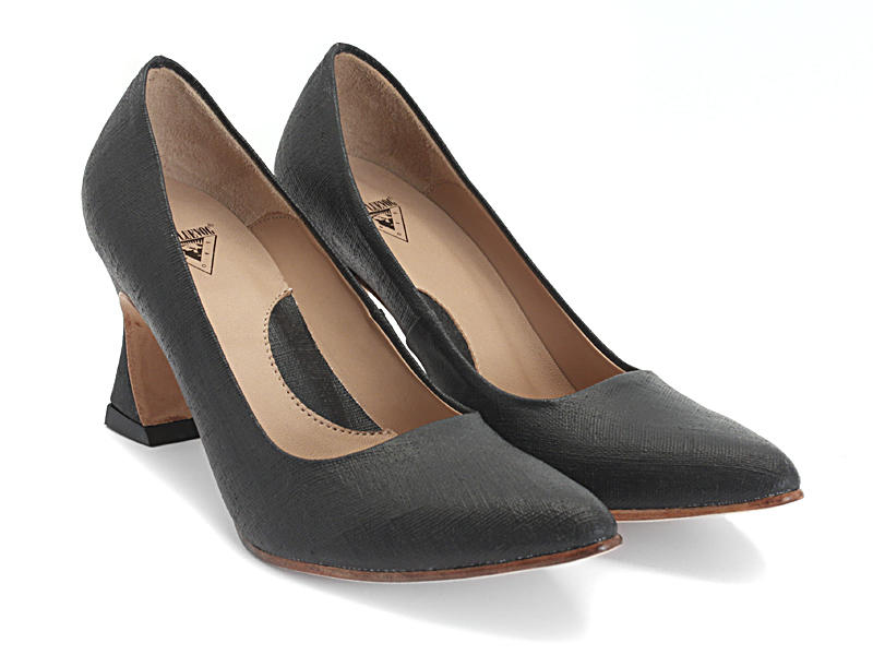 Desmond Black Canvas Angular Mid Heel Pumps: Quarter view