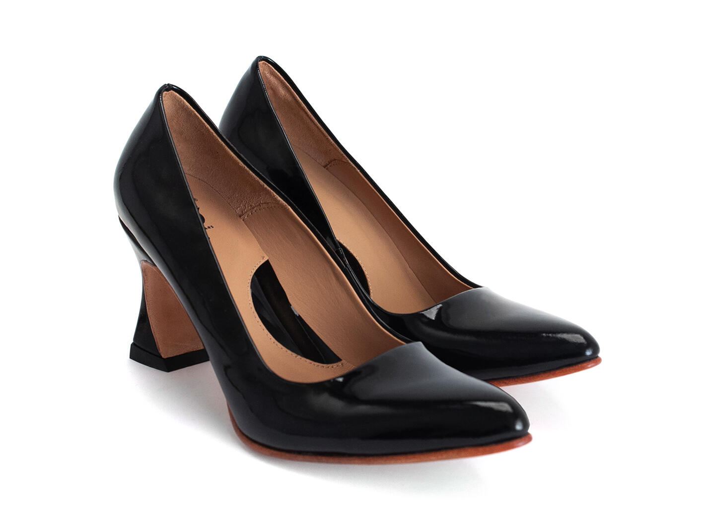 Desmond Black patent Angular Mid Heel Pumps: Quarter view
