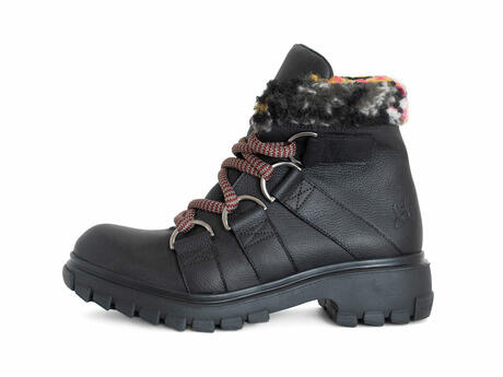 Domingo Black/Floral Fur Lace-Up Hiker Boots: Profile outside