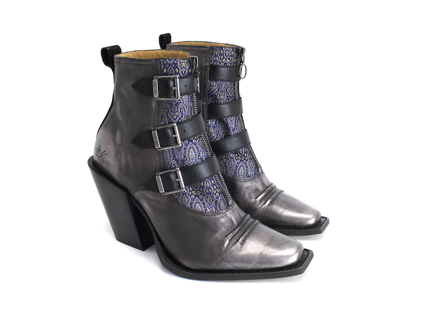 Durer Black/Blue Triple Buckle Boots: Quarter view
