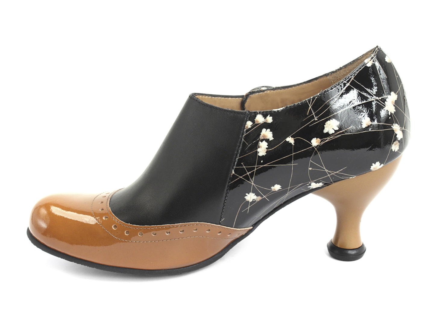 Ella Baker Noir floral & orange Talon brogue avec découpe: Profile inside