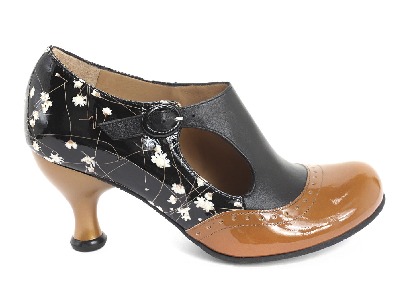 Ella Baker Noir floral & orange Talon brogue avec découpe: Profile outside