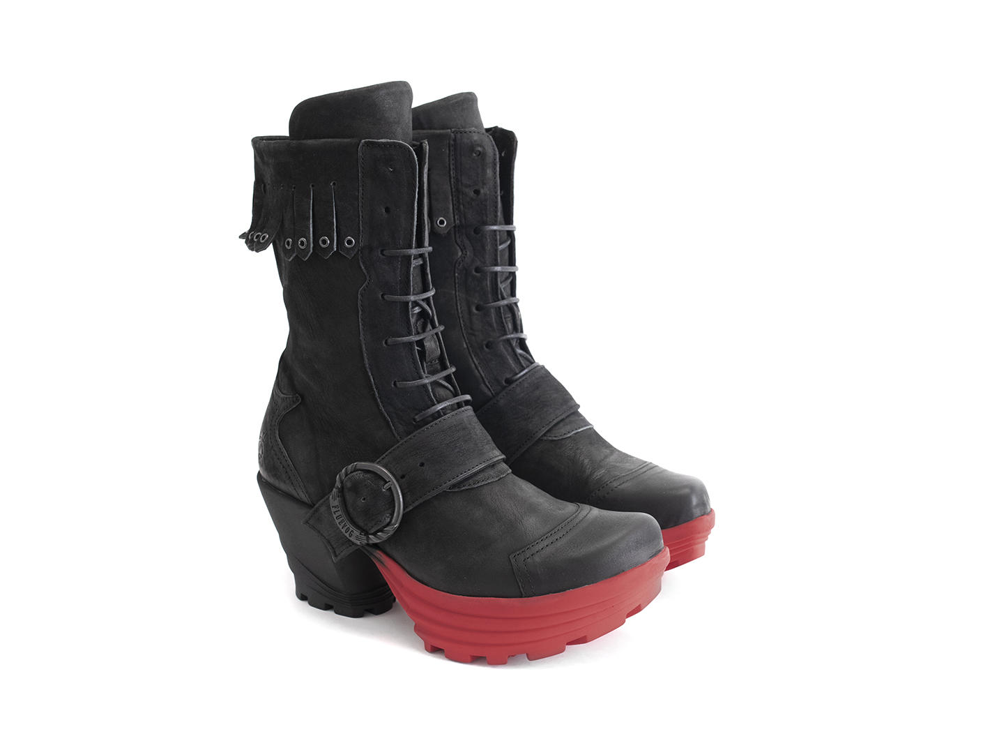Empress Black/Red Platform boot with fringe: Quarter view