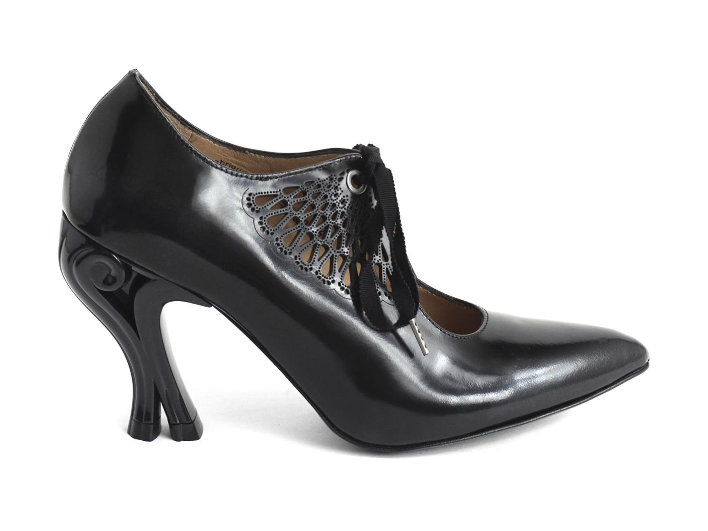 Estella Black Laser cut lace-up heel: Profile outside