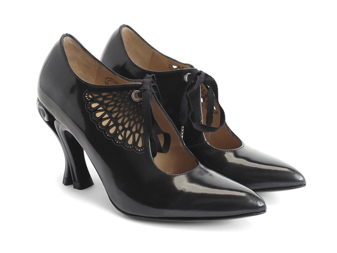 Estella Black Laser cut lace-up heel: Quarter view