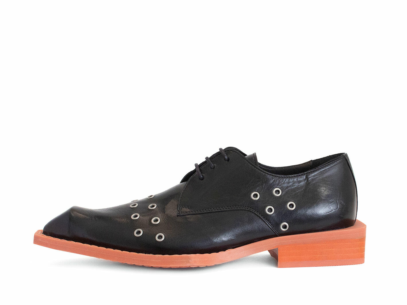 Floyd Black/Orange Leather Derby Shoes: Profile outside