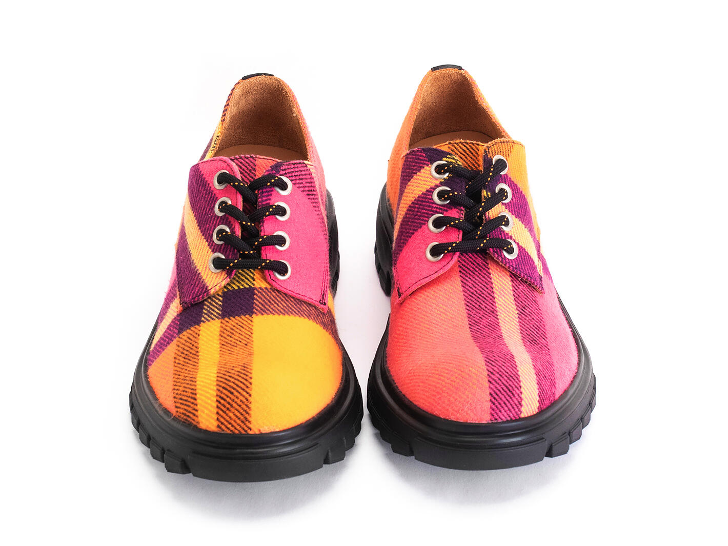 Fluevog x ANIAN Tuesday Pink/Orange/Black Plaid Recycled Cotton Derby Shoes: Front