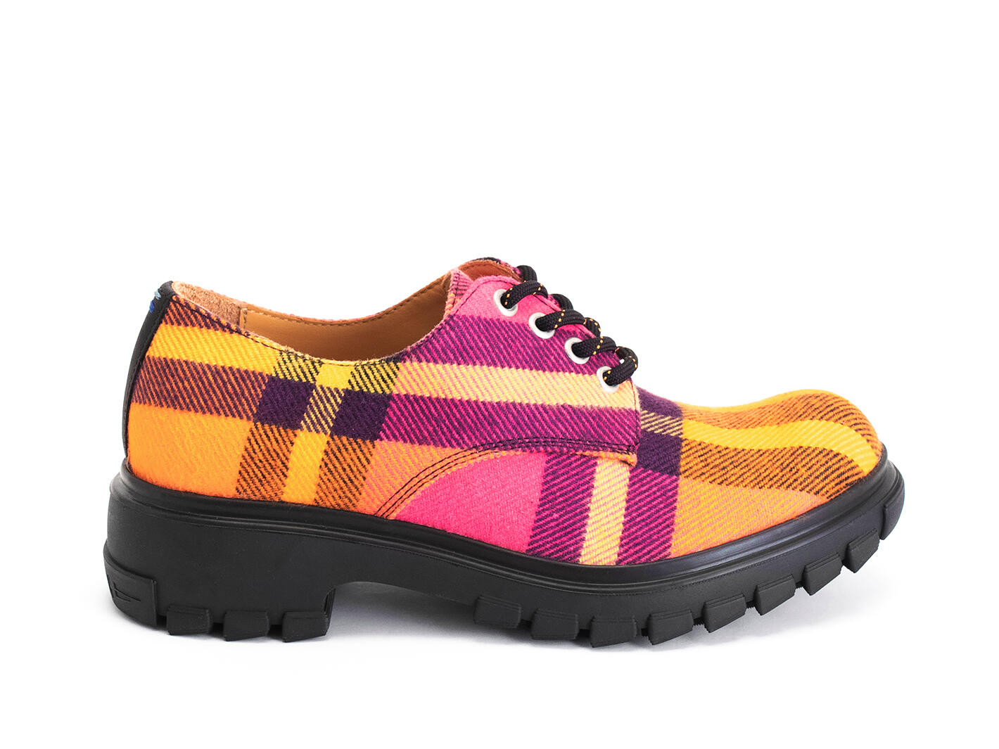 Fluevog x ANIAN Tuesday Pink/Orange/Black Plaid Recycled Cotton Derby Shoes: Profile outside