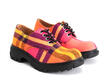 Fluevog x ANIAN Tuesday Pink/Orange/Black Plaid Recycled Cotton Derby Shoes: Quarter view