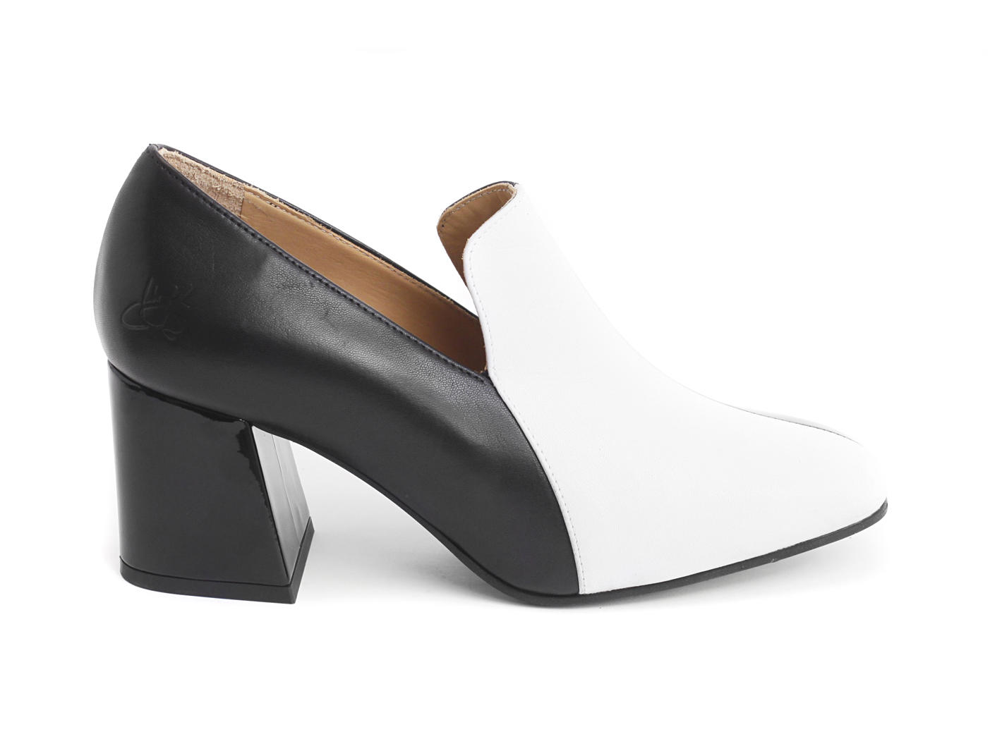 Gilda Black & White Vintage inspired loafer heel: Profile outside