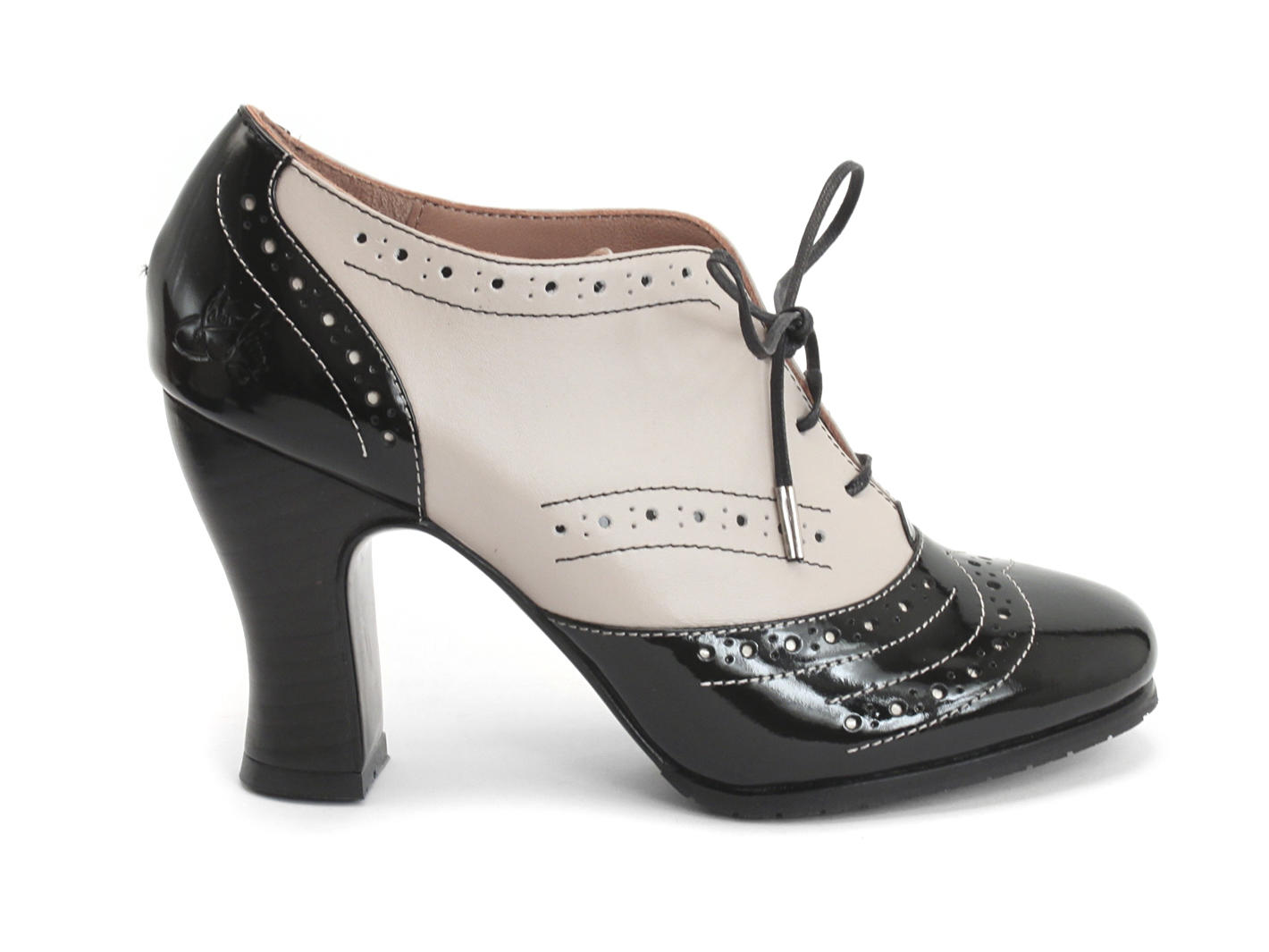 Heal Black & Cream Brogued Lace-up Heel: Profile outside