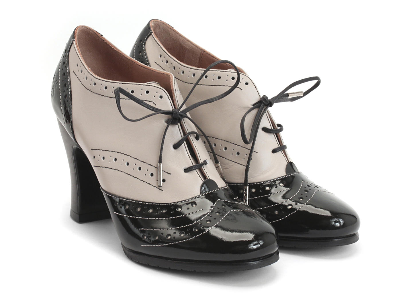 Heal Black & Cream Brogued Lace-up Heel: Quarter view