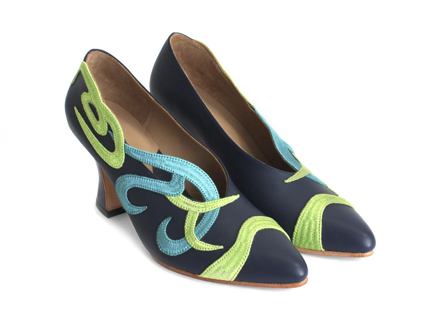 Hotchkiss Blue/Green Embroidered Pumps: Quarter view