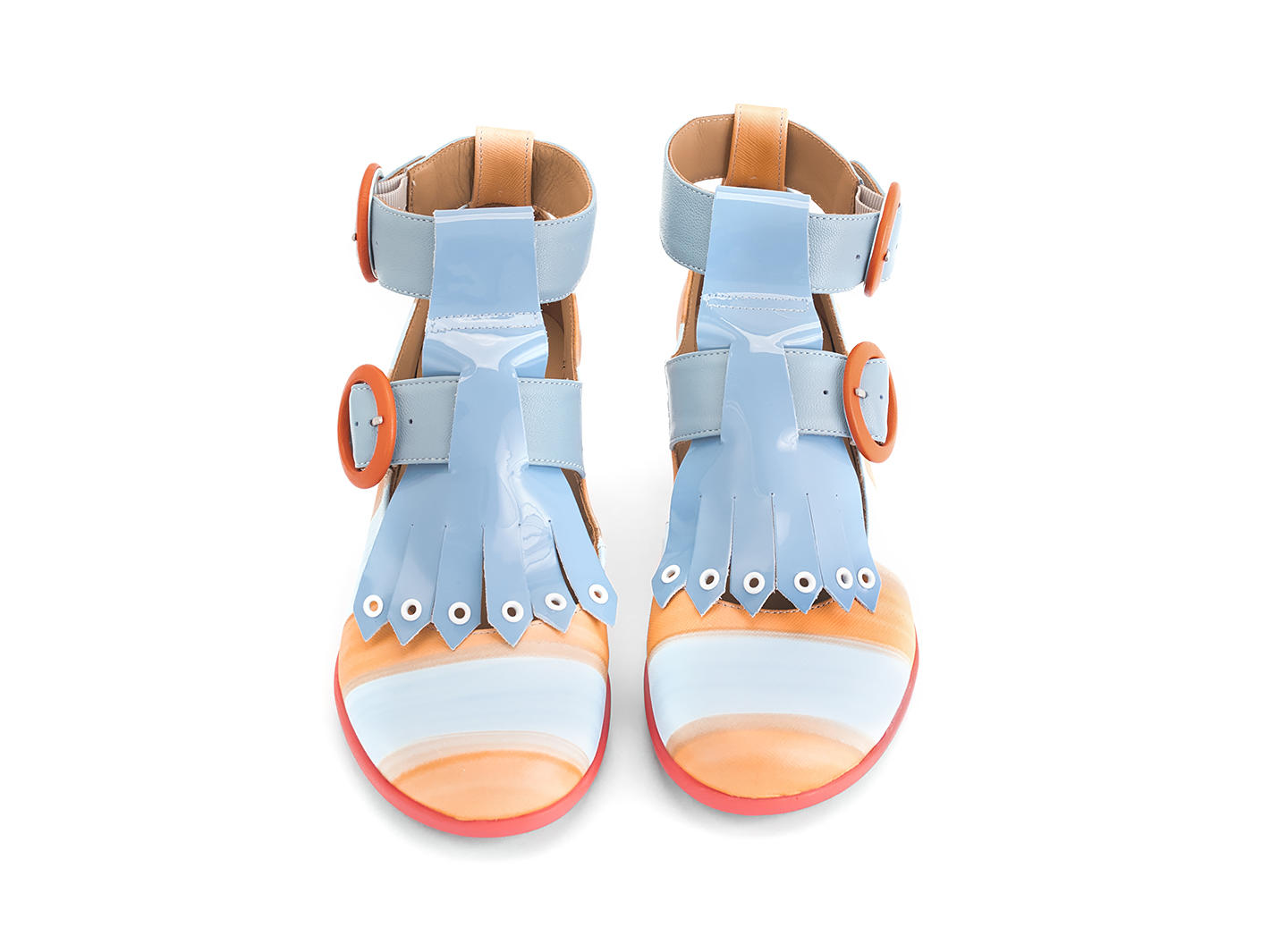 Individualist Blue/Orange Striped Ankle strap heel with kiltie: Front