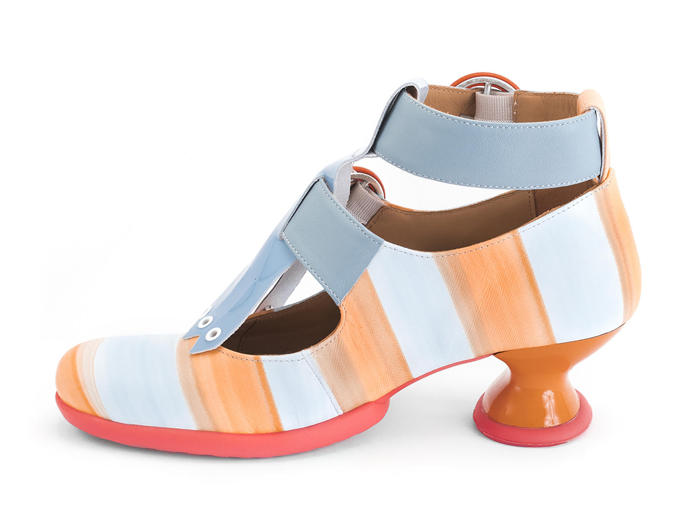 Individualist Blue/Orange Striped Ankle strap heel with kiltie: Profile inside