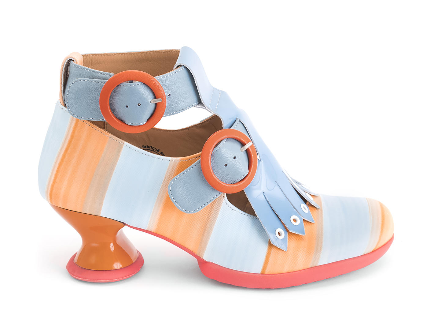 Individualist Blue/Orange Striped Ankle strap heel with kiltie: Profile outside
