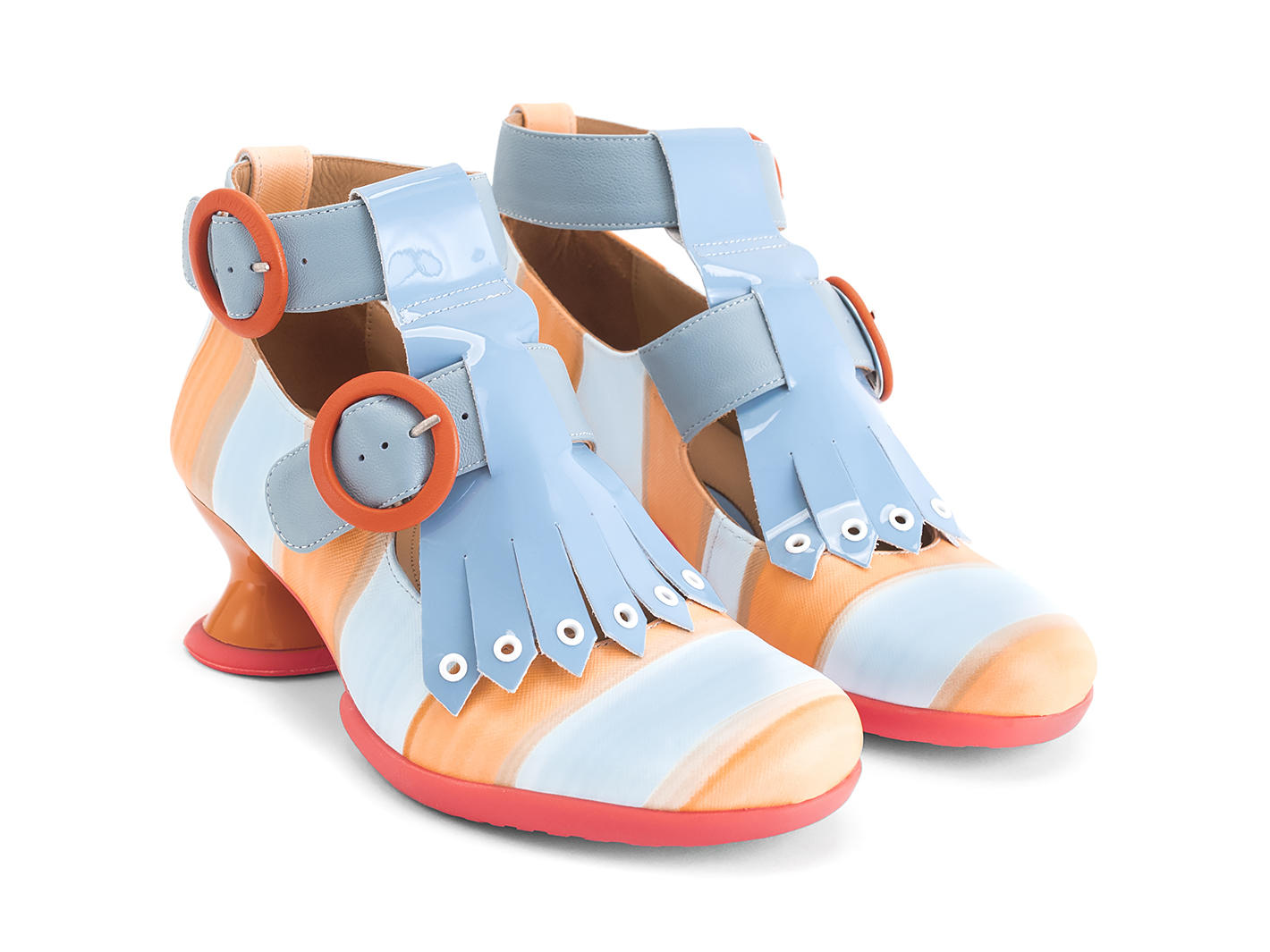 Individualist Blue/Orange Striped Ankle strap heel with kiltie: Quarter view