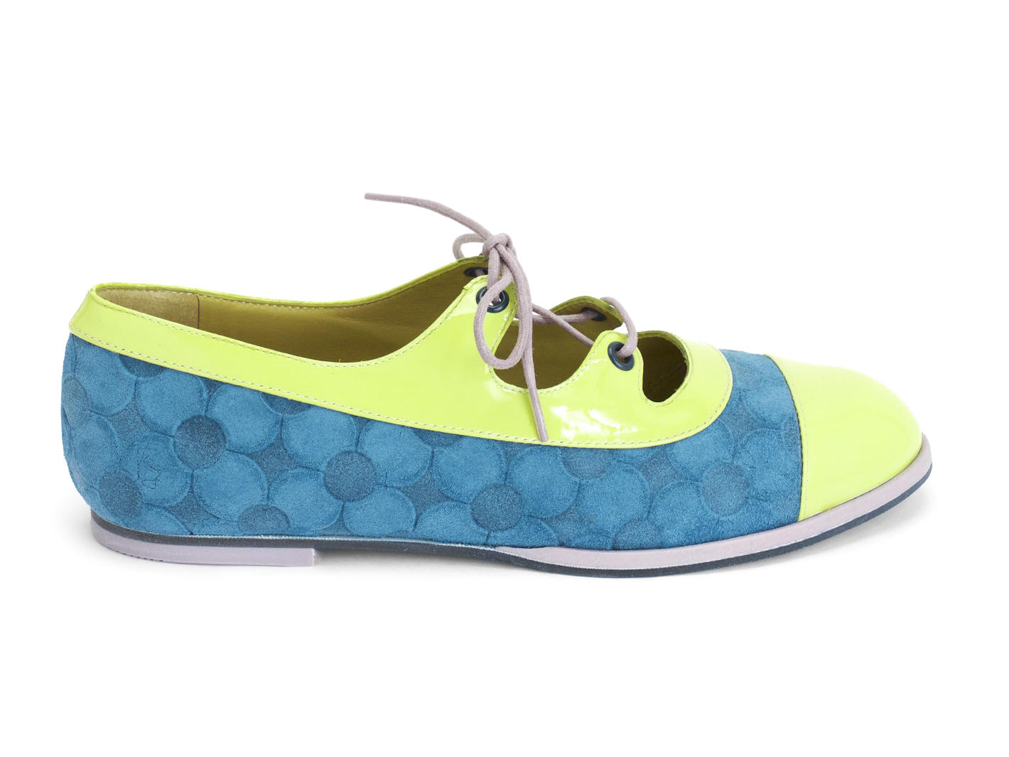 Jacquie Blue/Green Embossed lace-up flat: Profile outside
